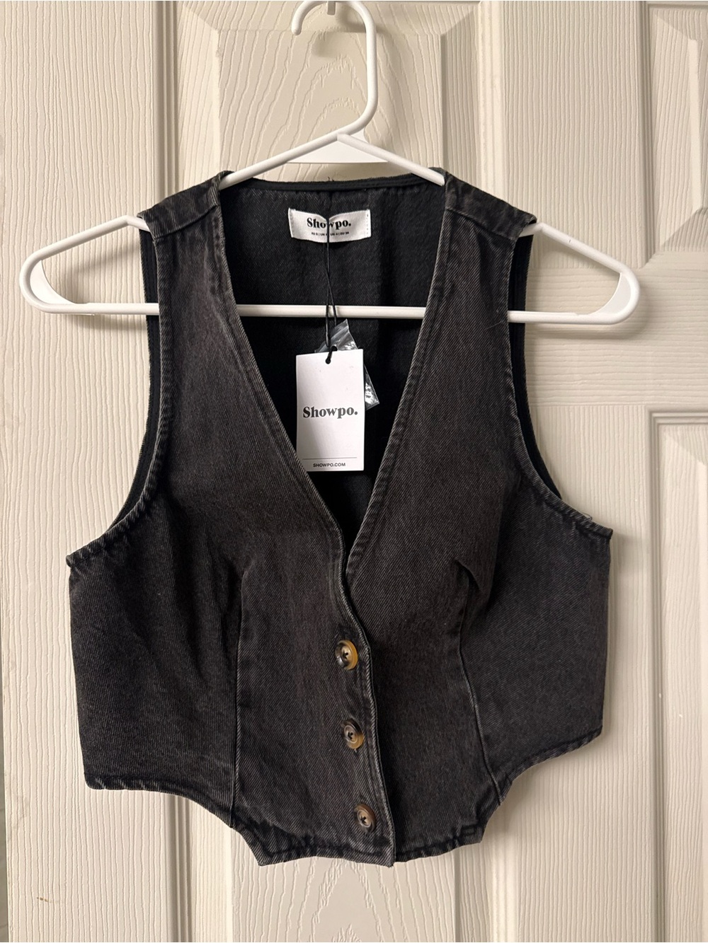 Showpo. Black Washed Denim Button-Front Crop Vest